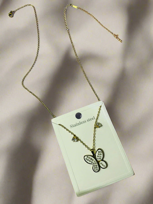 Butterfly Necklace with Stud Earrings
